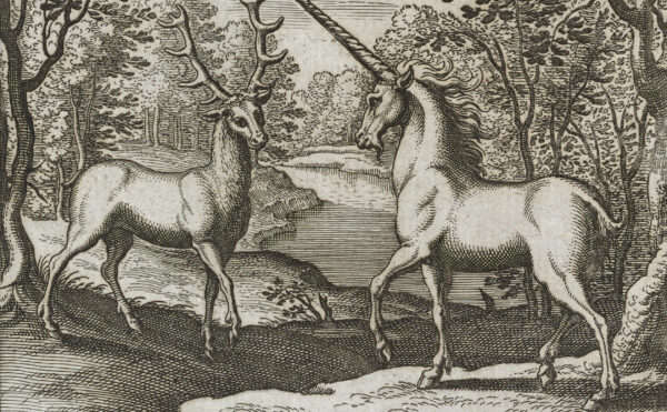 engraved illustration of a deer and unicorn in a forest