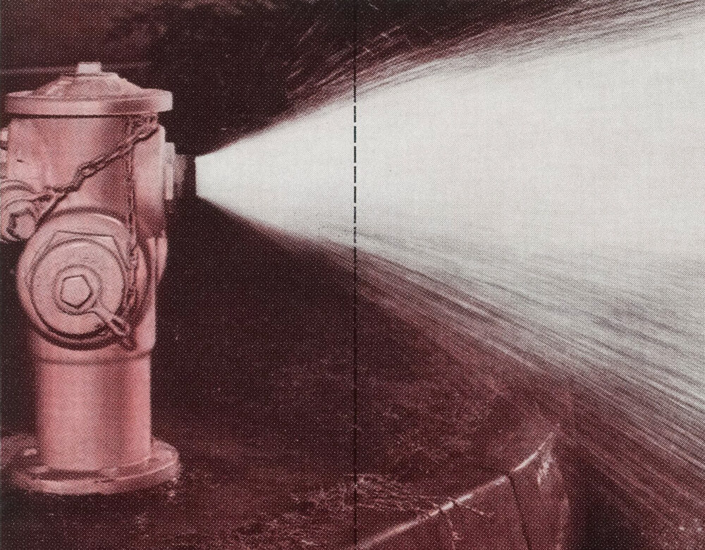 red monochrome photo print of a spraying fire hydrant