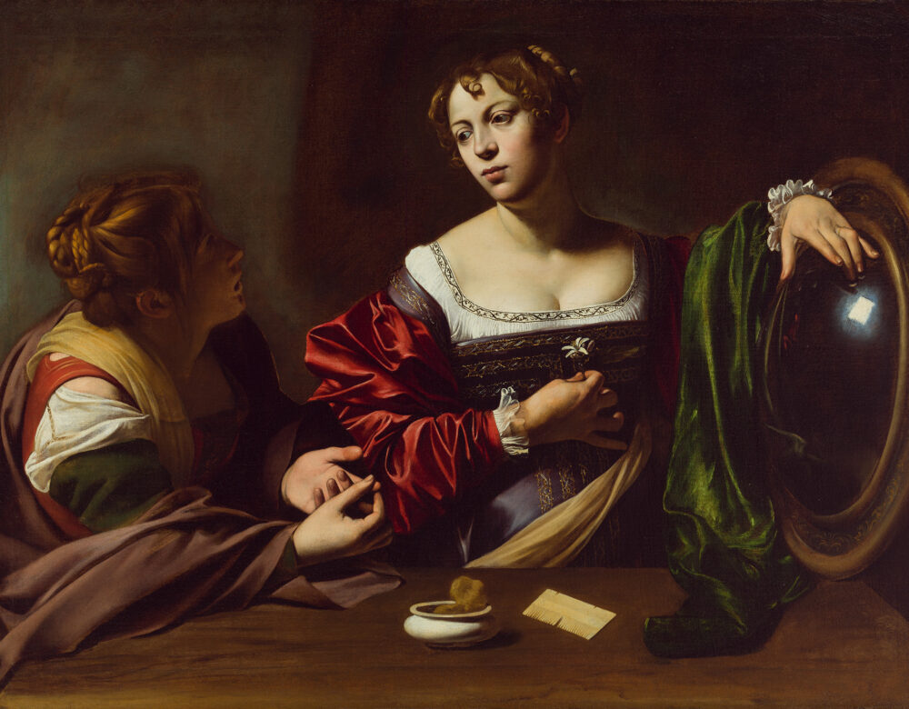 Renaissance oil painting woman holding a mirror while another looks on