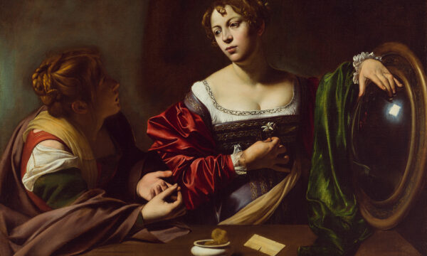 Renaissance oil painting woman holding a mirror while another looks on