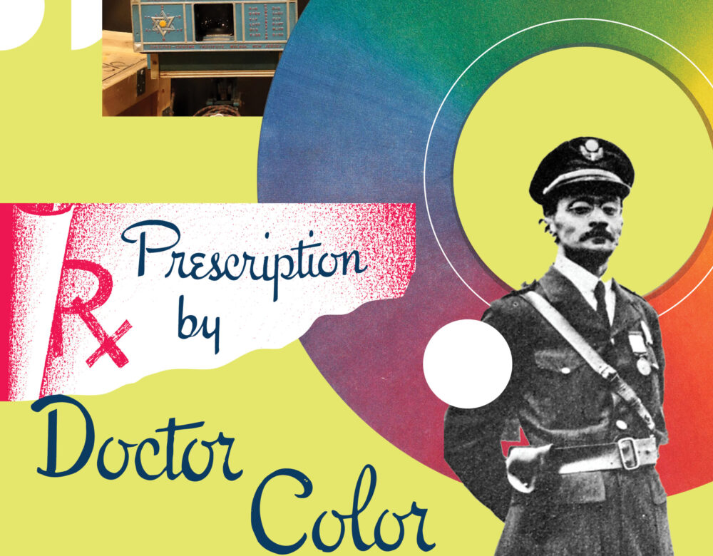 Collage with multiple color components, man in uniform, and spectrochrome