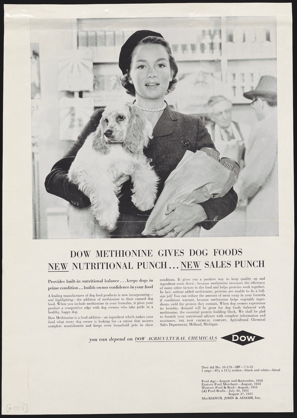 Dow Methionine Gives Dog Foods NEW Nutritional Punch . . . NEW Sales Punch, Dow Chemical Company ad, 1955.