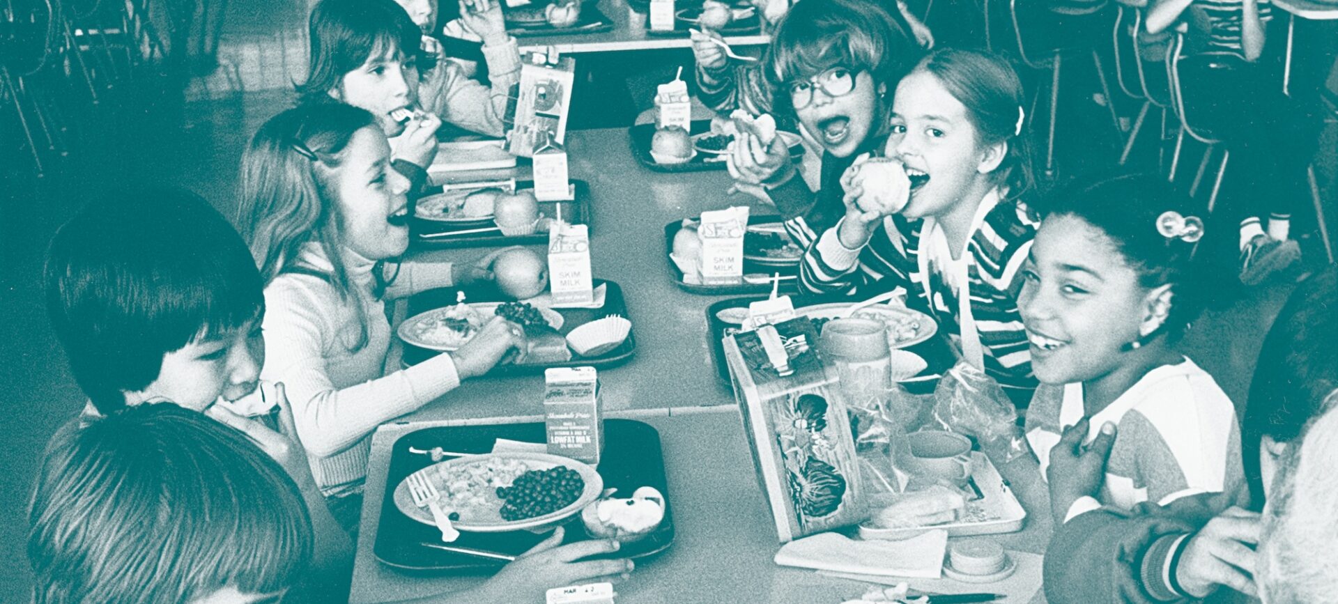 colorized image of students eating lunch