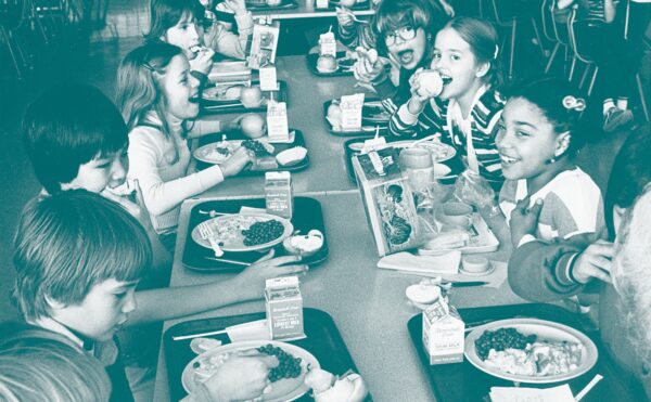 colorized image of students eating lunch