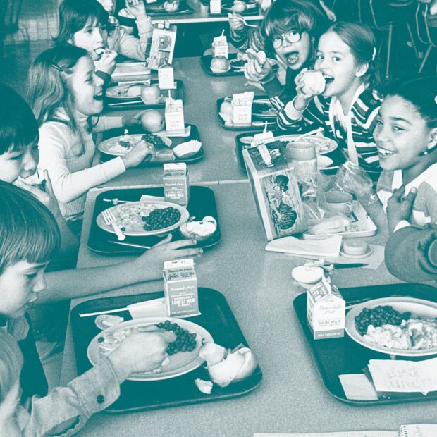 colorized image of students eating lunch