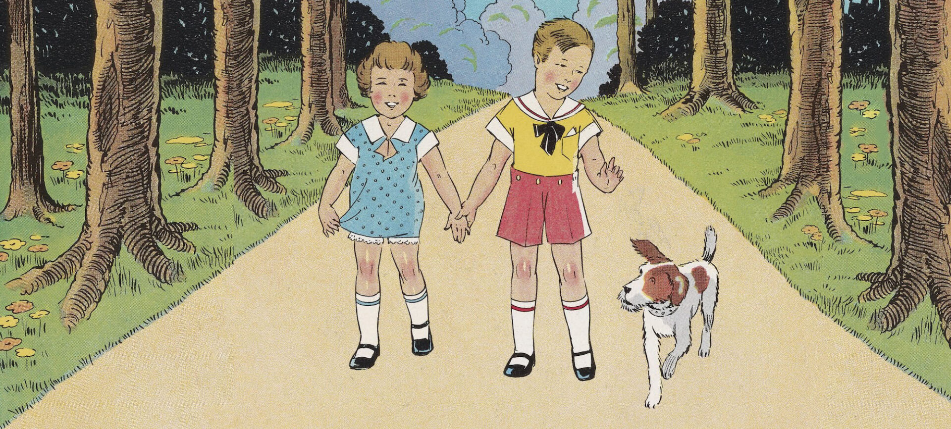 illustration of 2 children and a dog