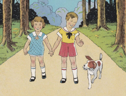 illustration of 2 children and a dog