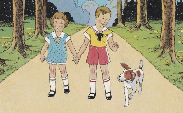 illustration of 2 children and a dog