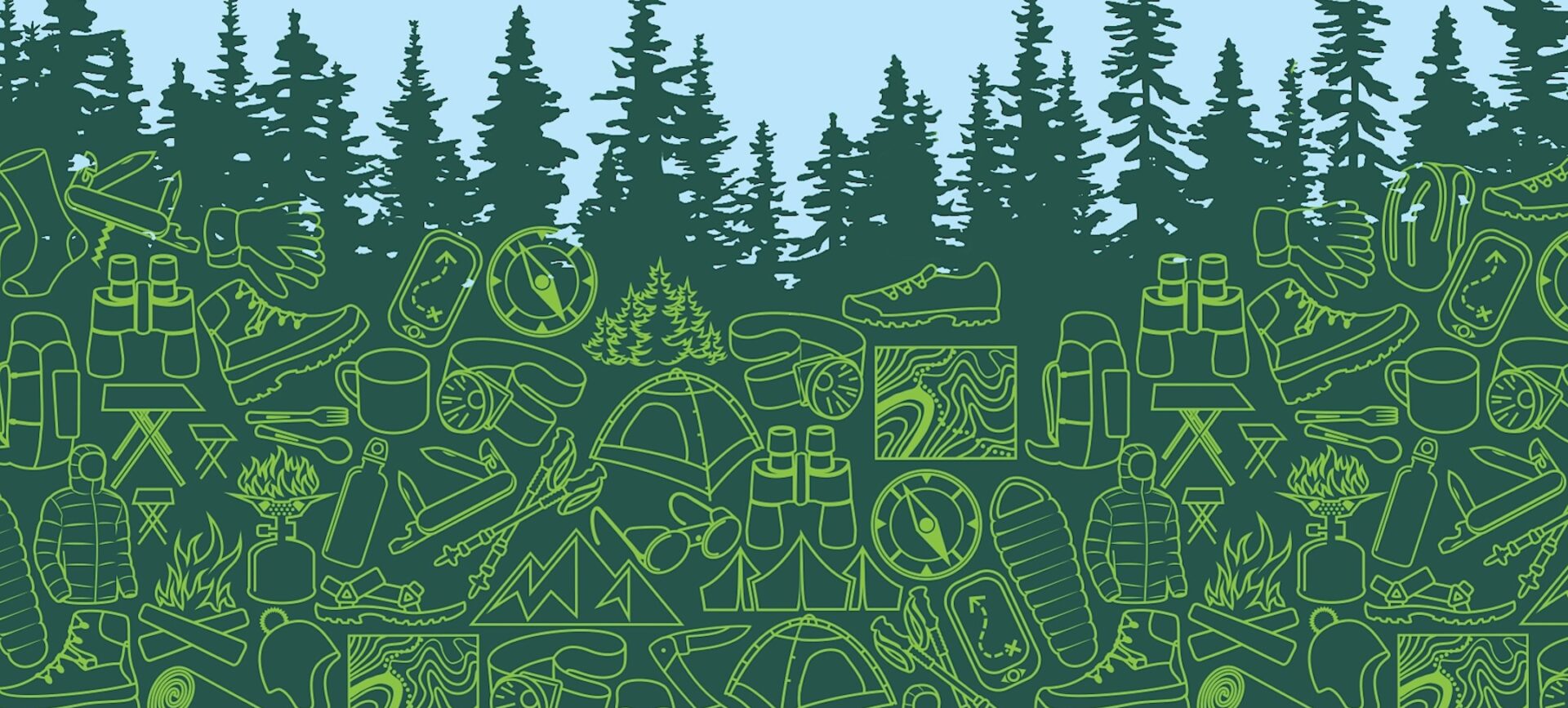 illustration of outdoor gear in a forest