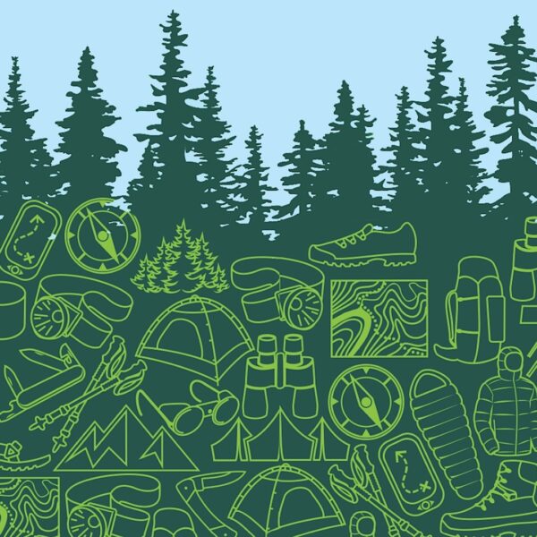 illustration of outdoor gear in a forest