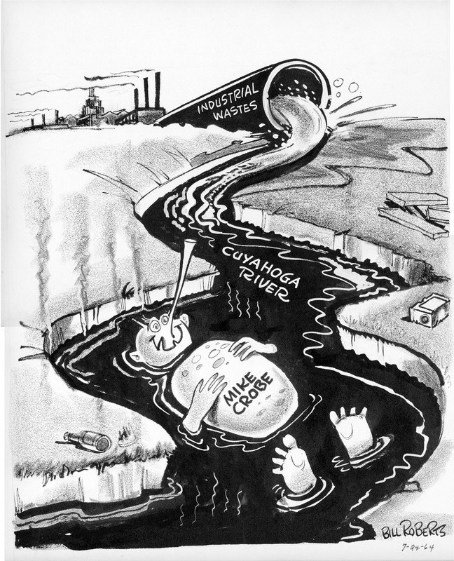 Cartoon of a figure named Mike Crobe floating in a depiction of the Cuyahoga River pouring from a pipe labeled “industrial wastes”