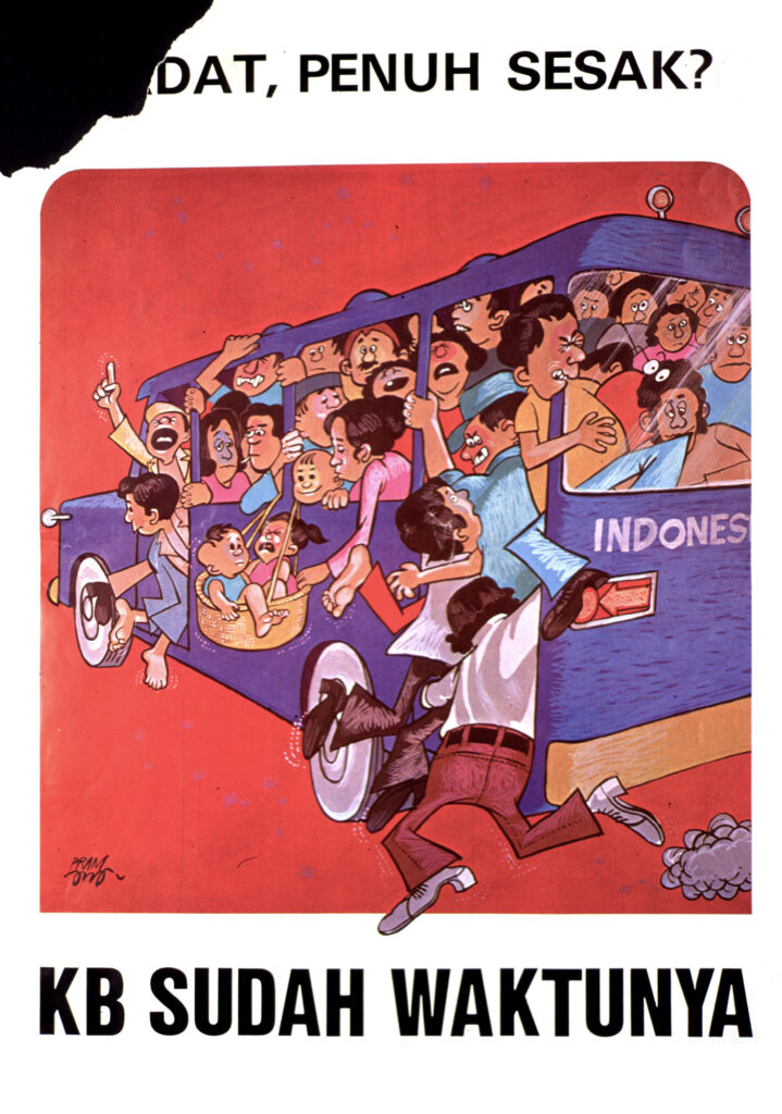 Poster with a cartoon showing an overcrowded bus labeled “Indonesia” with of people pushed up against windows and falling from the doors.