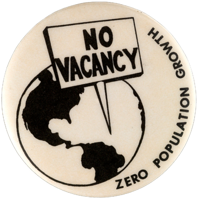 Small button with an image of Earth with a sign reading “no vacancy”