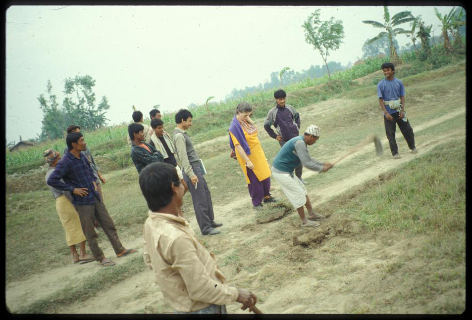 Color photo of a woman and group of men watching a man dig a trench by hand