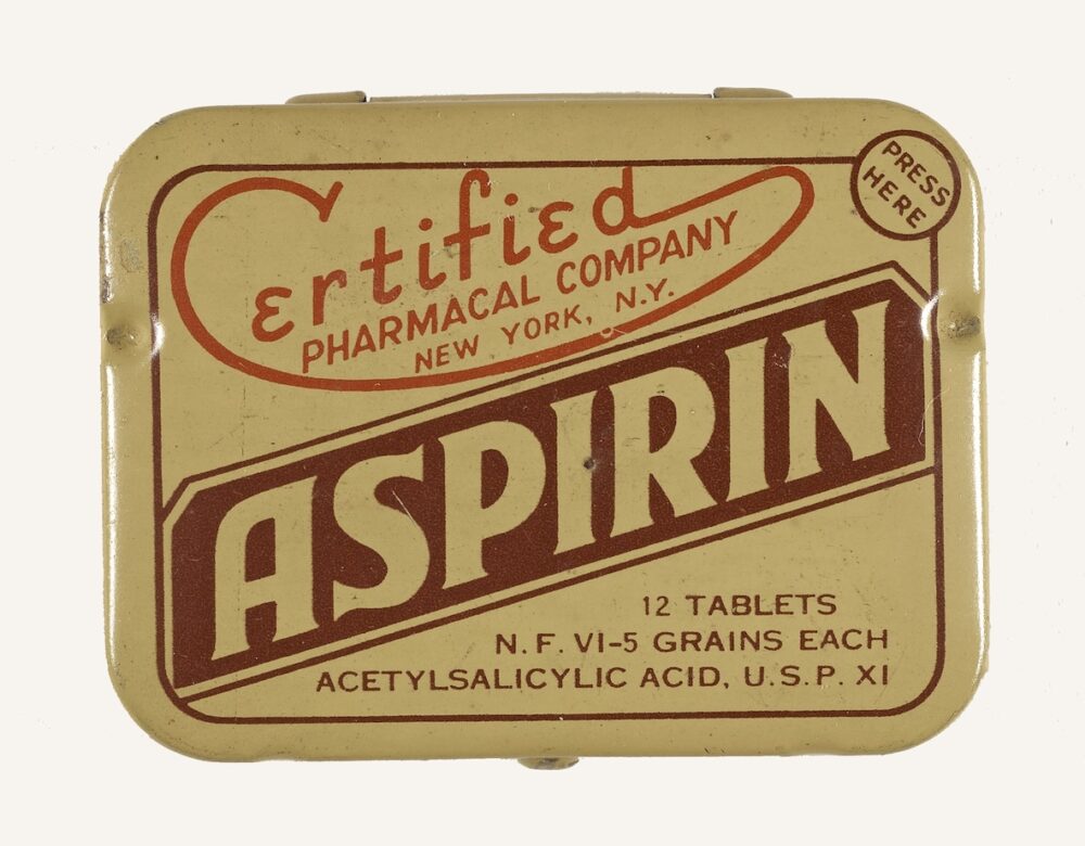 rectangular tin of aspirin