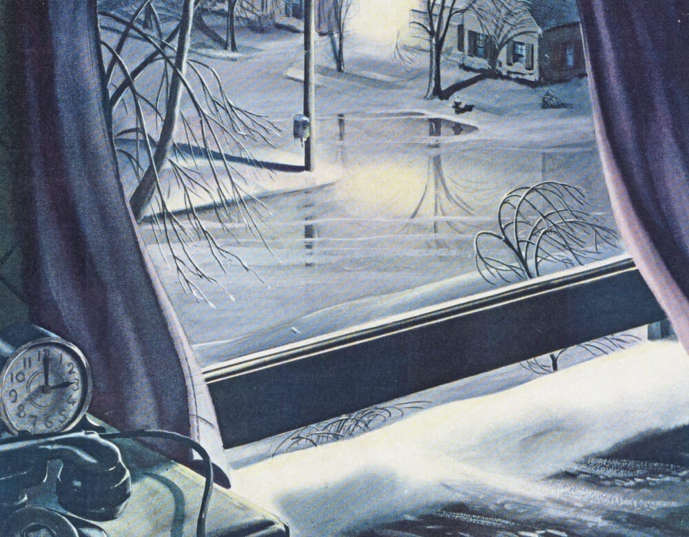 artistic rendering of a view of snowy day from inside a home