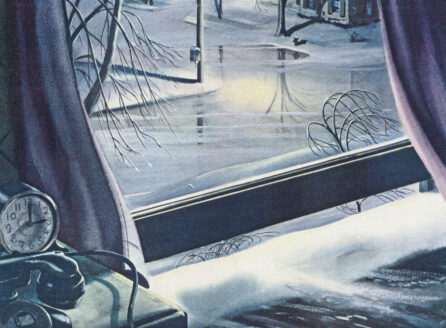 artistic rendering of a view of snowy day from inside a home