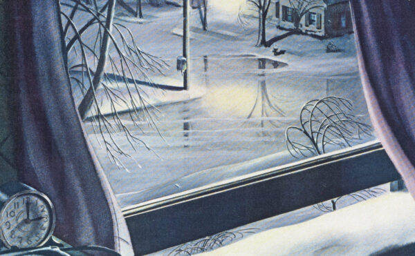 artistic rendering of a view of snowy day from inside a home