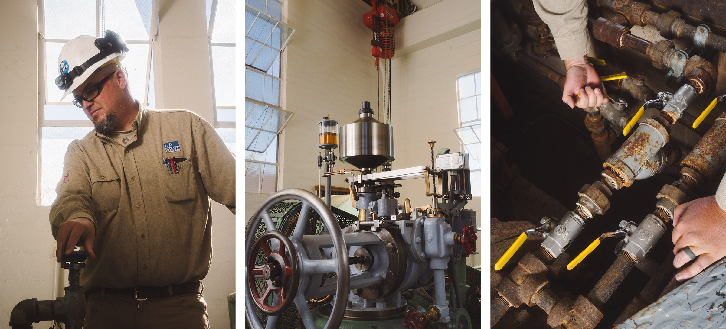 Group of three images, from left, man in hard hat and coveralls; portrait of a machine; hands grasping cutoff valves on pipes