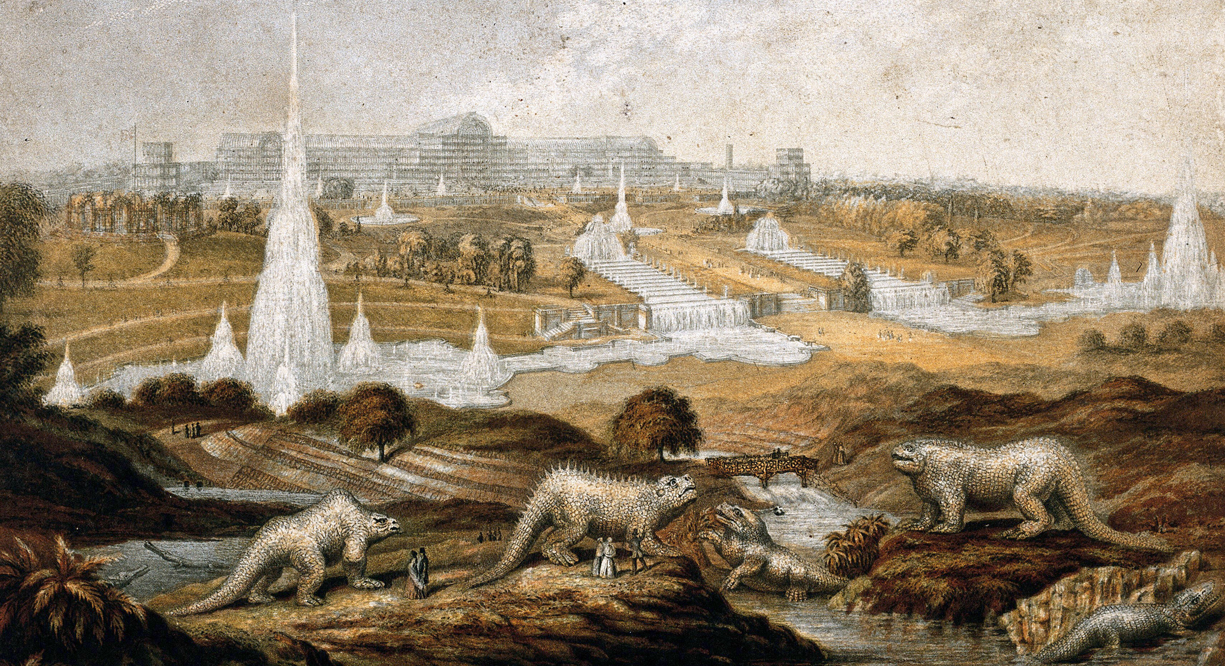 Color engraving showing a landscape with large dinosaur statues and human visitors