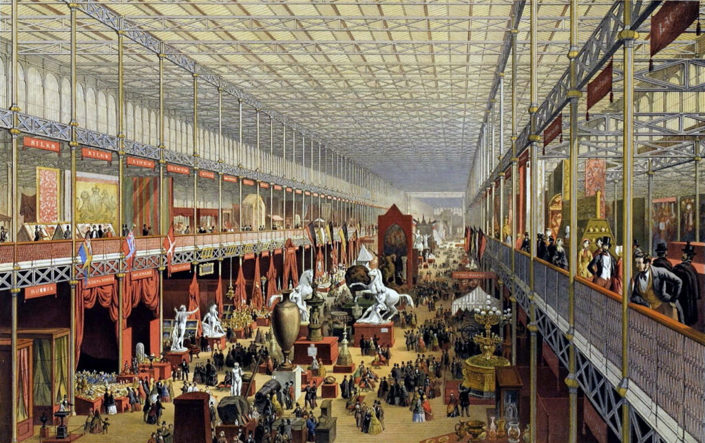 Color illustration showing an interior of two-story glass building with crowds of people and exhibits