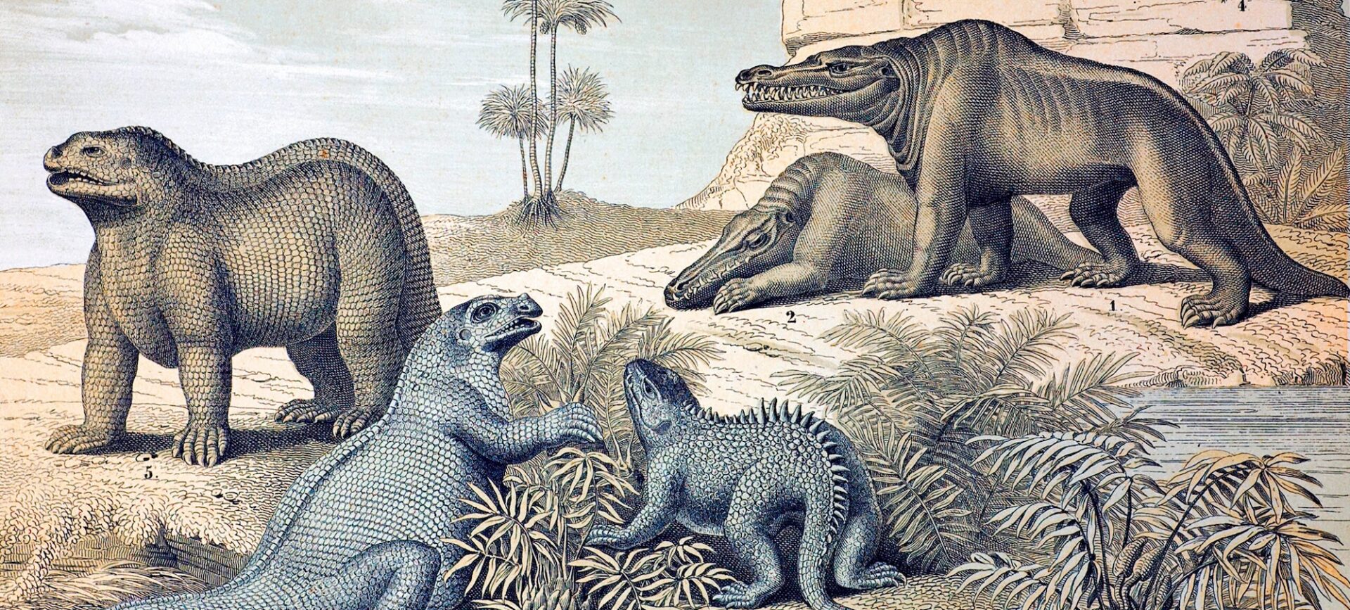 Colorized illustration showing dated depictions of dinosaurs in a stylized setting