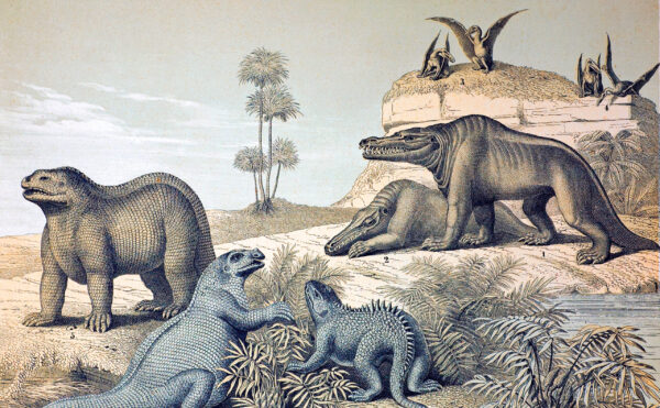 Colorized illustration showing dated depictions of dinosaurs in a stylized setting