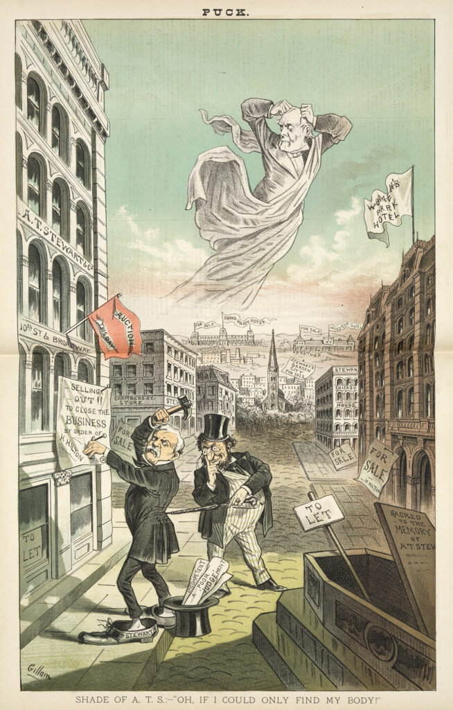 Satirical illustration shows a distressed man nailing for sale and to let signs on grand buildings as a floating ghost looks on in distress.