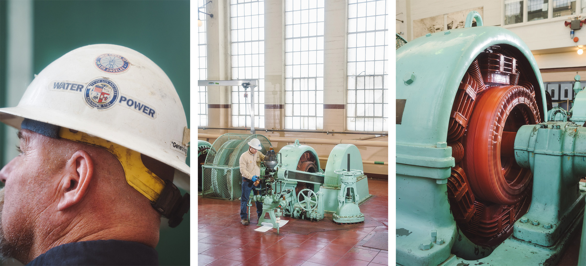 Group of three photos, from left: close up of man wearing a hardhat; man oiling machinery; portrait of machinery