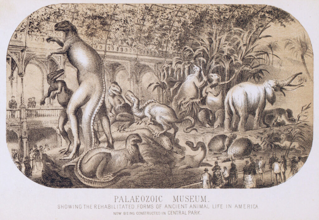 Black and white illustration showing a exhibition of large sculptures of prehistoric creatures inside a museum while visitors look on