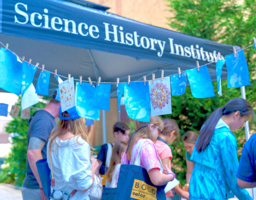 patrons outdoors around a tent working on botanical dye crafts