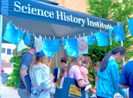 patrons outdoors around a tent working on botanical dye crafts