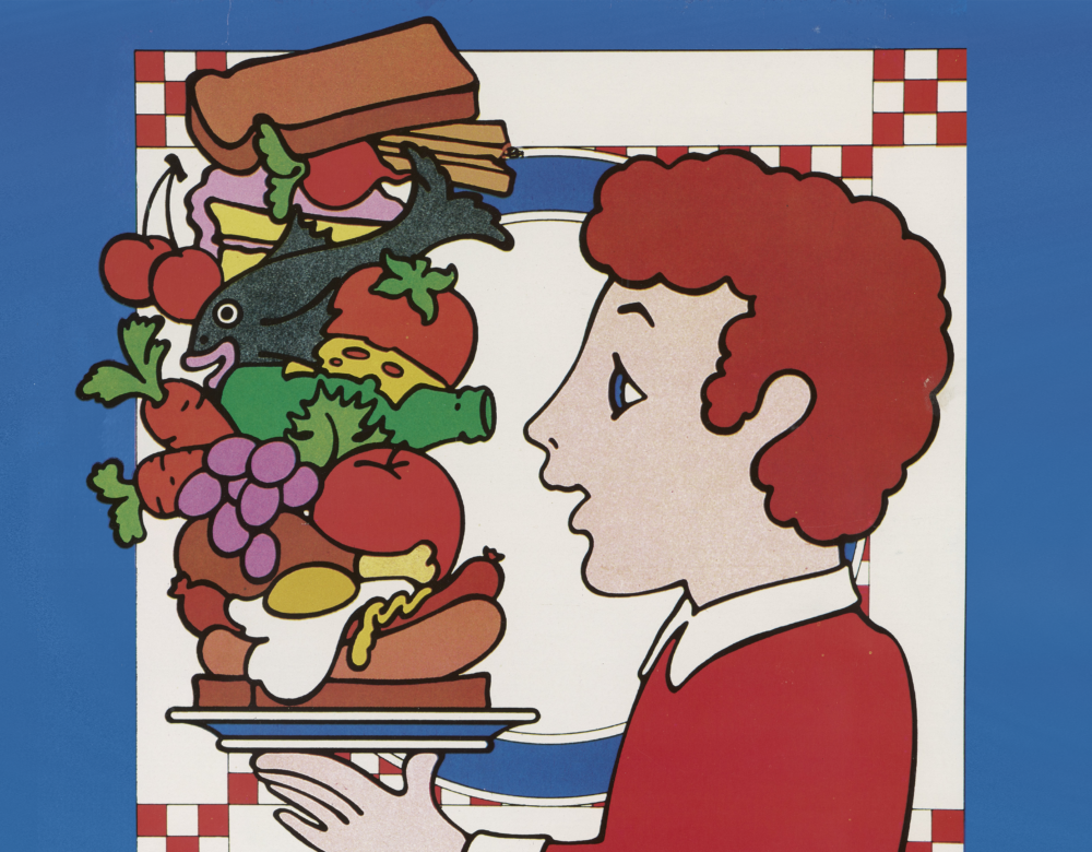 illustration of a man holding a very tall sandwich on a plate