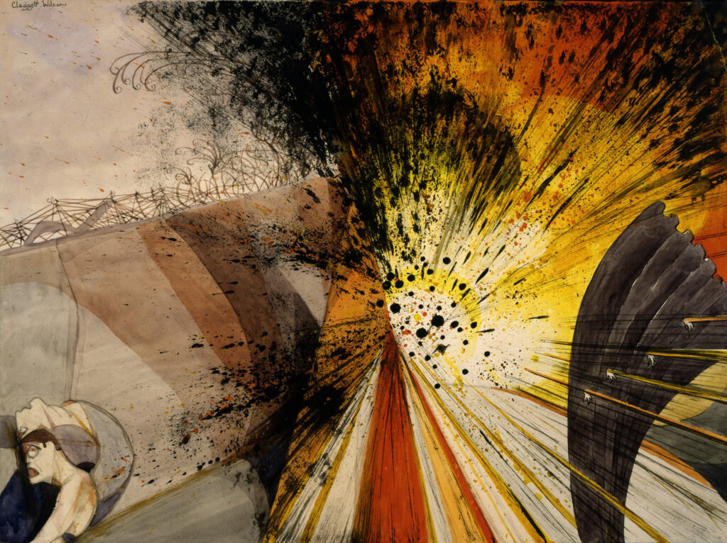 Modernist painting of a shelling exploding on a World War I battlefield