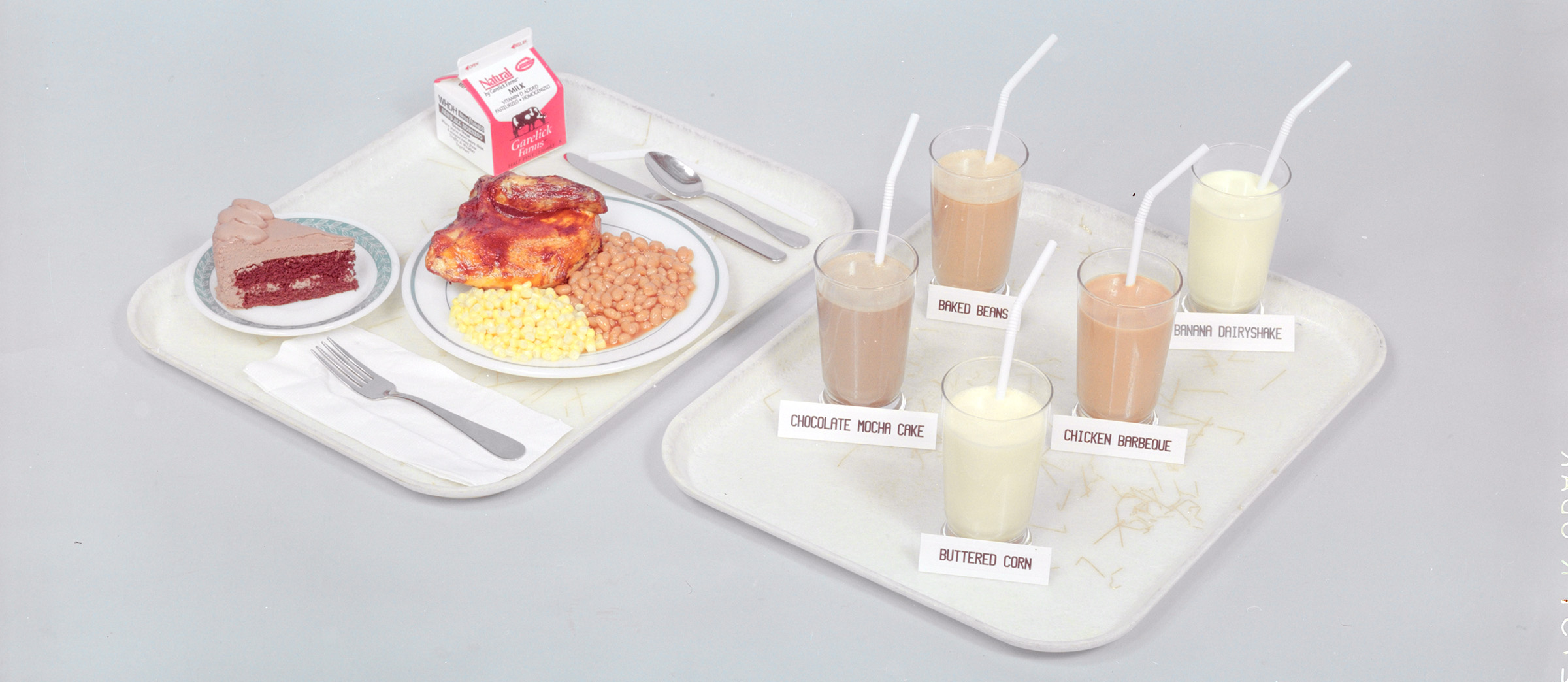 Color staged photo of a labeled food tray with bbq chicken, baked beans, corn, milk, and chocolate cake alongside liquified versions of the same food