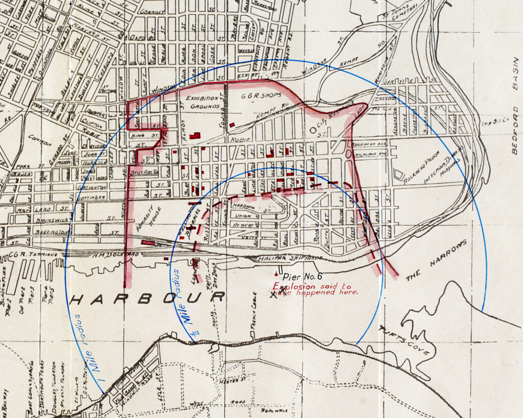 Old city map annotated with concentric circles