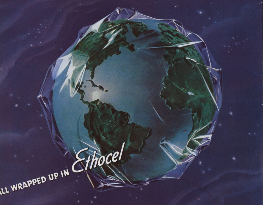 magazine ad featuring the earth wrapped in clear film