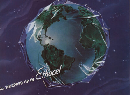 magazine ad featuring the earth wrapped in clear film