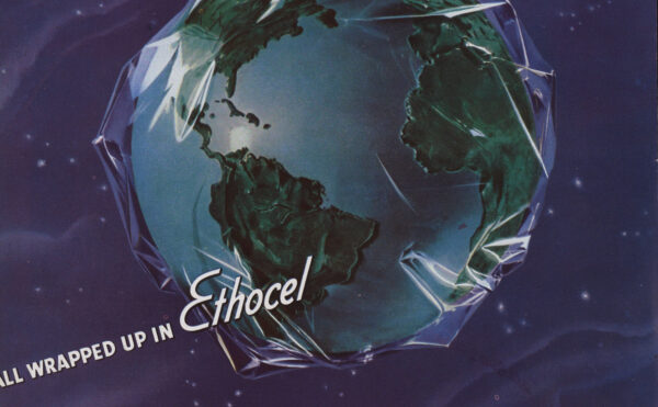 magazine ad featuring the earth wrapped in clear film