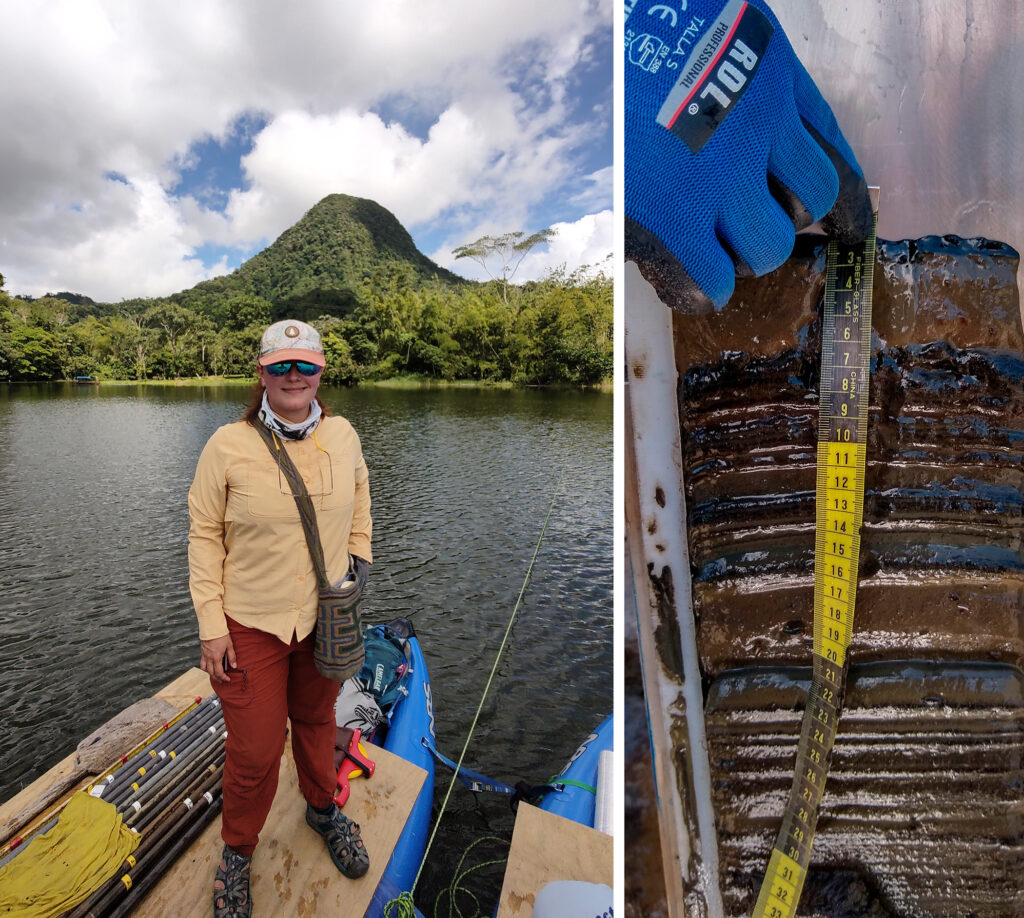 Two photos, left showing a researcher on boat on a lake in a lush, mountainous area; right image shows a close of a muddy layers of sediment with a hand holding a tape measure