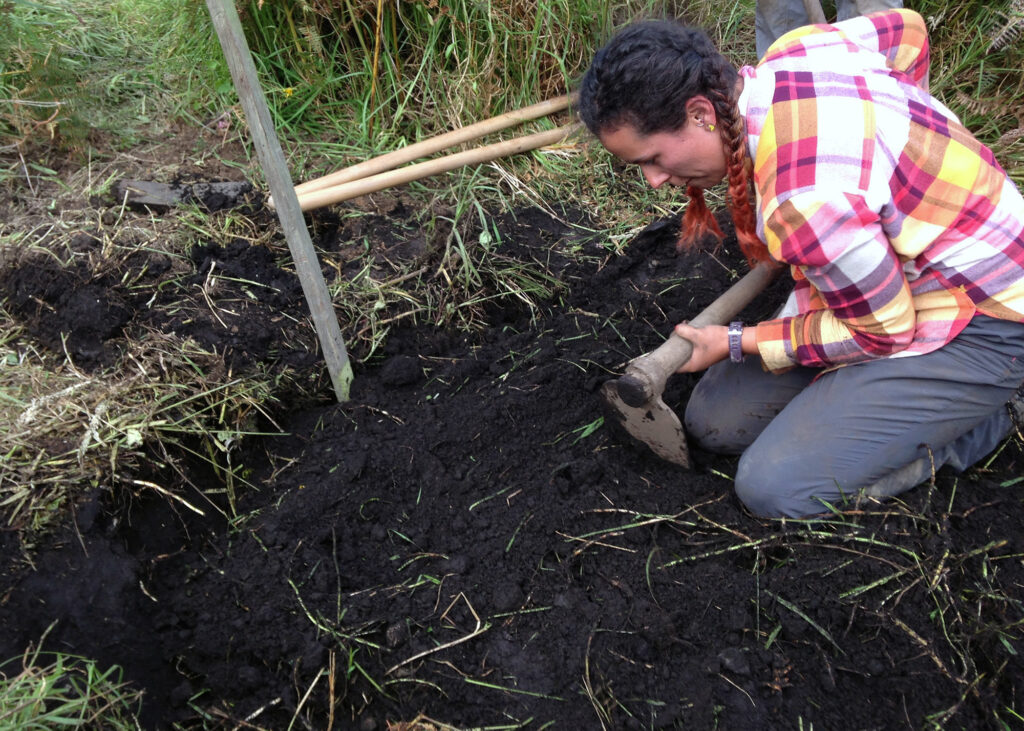 Color photo of woman digging into a patch of exposed soil