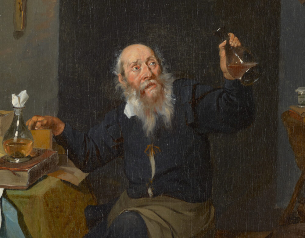 Oil painting of old man holding a flask with liquid inside