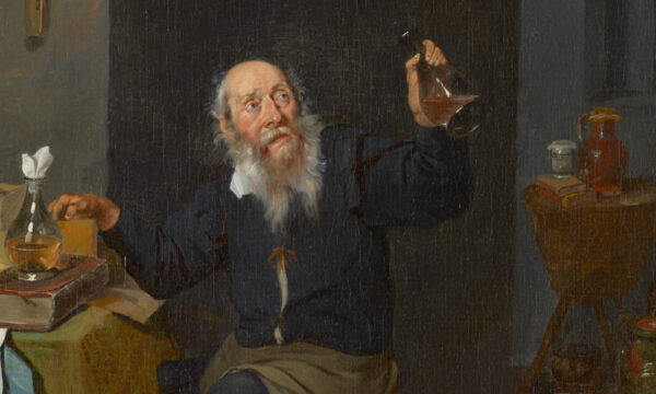 Oil painting of old man holding a flask with liquid inside