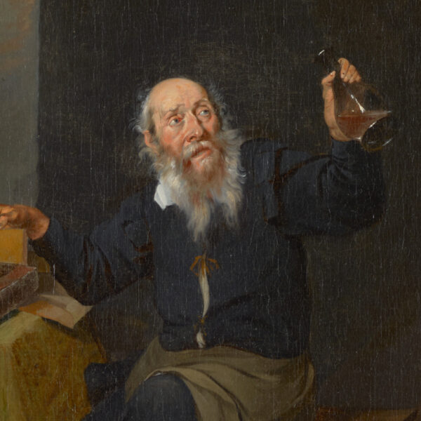 Oil painting of old man holding a flask with liquid inside