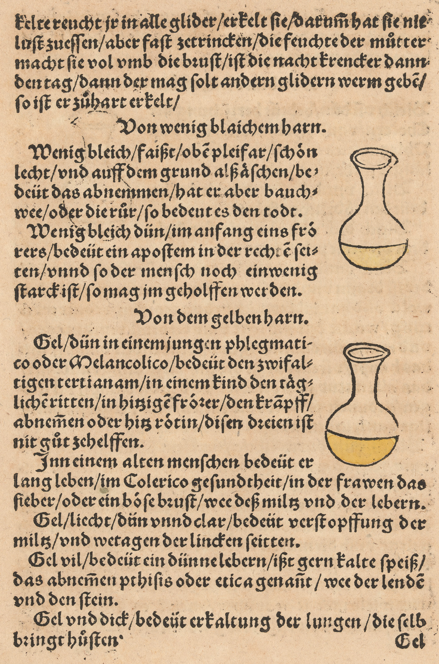 Book page in old printed German script with two illustrations of flasks with yellow liquids inside