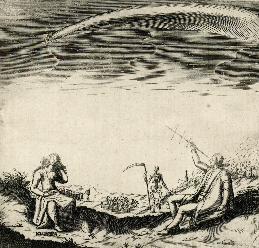 Engraving showing a scene with a comet in sky with emblematic depictions of Europa, death, and a astronomer while in the background armies fight and a city burns