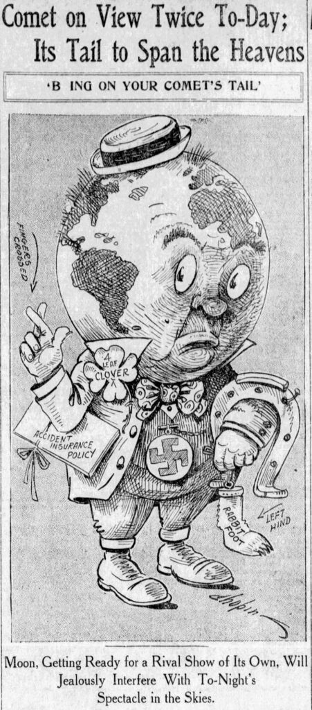 Anthropomorphic caricature of Earth holding various lucky charms, fingers crossed