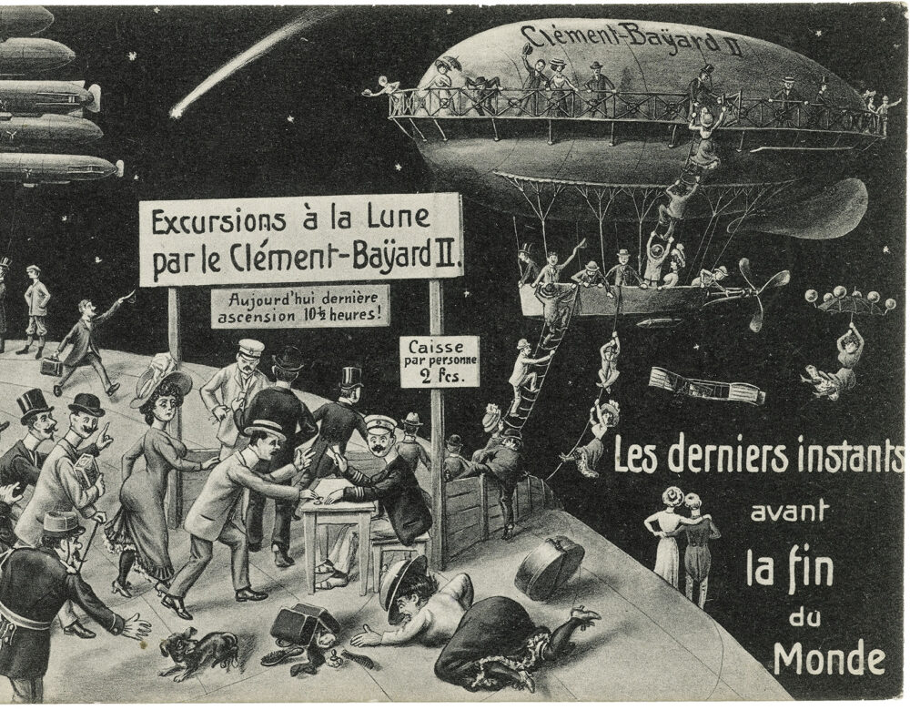 Satirical illustration showing a crowd of people scrabbling to board an overcrowded airship