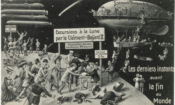 Satirical illustration showing a crowd of people scrabbling to board an overcrowded airship