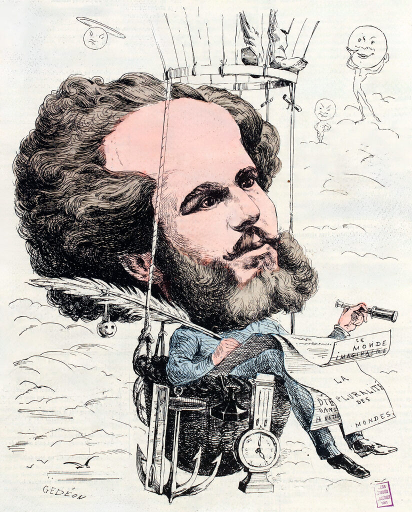 Caricature of balding man, writing quill in hand, sitting in the gondola of a hot air balloon, various weights and instruments attached